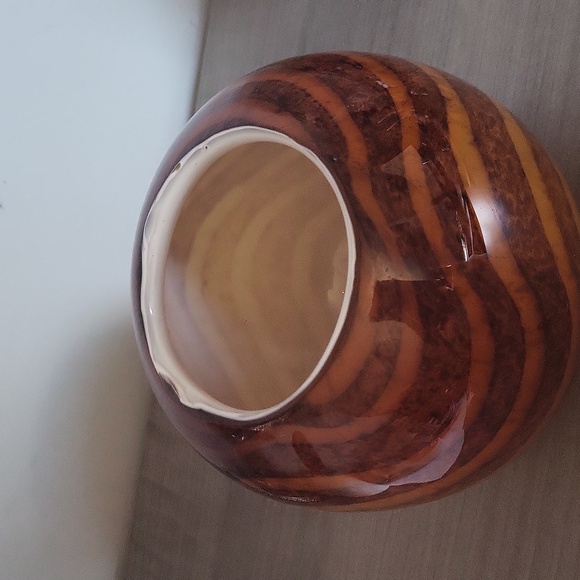Vintage Tiger Stripe Art Glass Vase, Amber Blown Glass Bowl, Glass Sphere Vase, - Picture 6 of 9